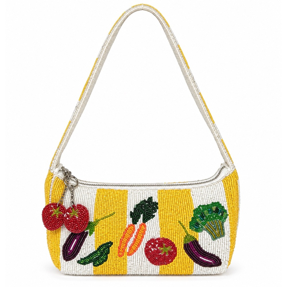 NWT Made in India Beaded Shoulder Bag Yellow White Stripe Vegetable Motif Charm
